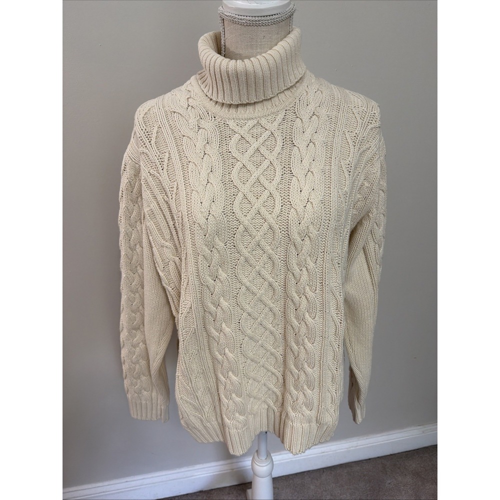 Vtg Talbots Cream Colored Cable Knit Turtleneck Sweater Large